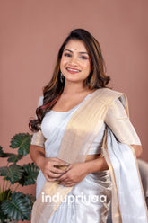 Indupriyaa White Nd Gold Handloom Tissue Cotton Saree